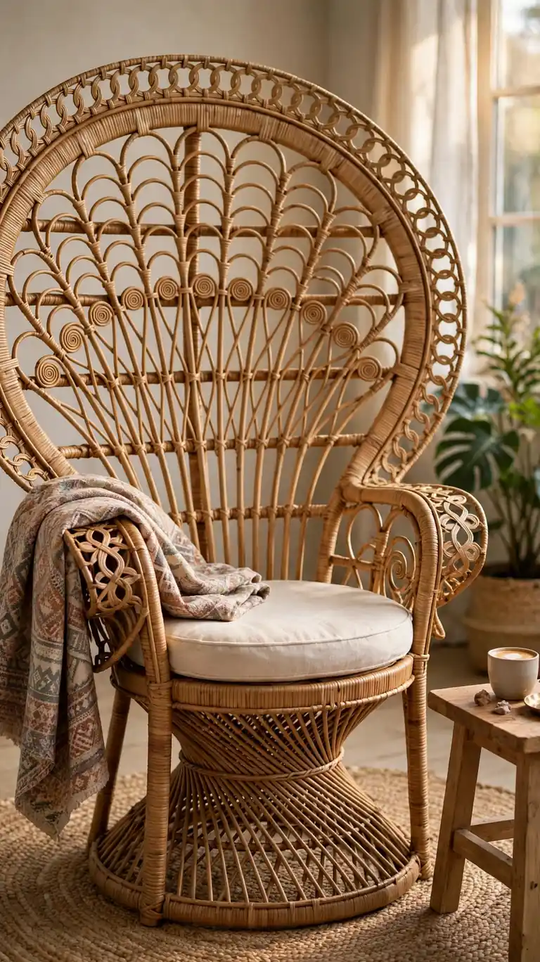 Rattan peacock accent chair with a cushion and throw in a boho living room corner.