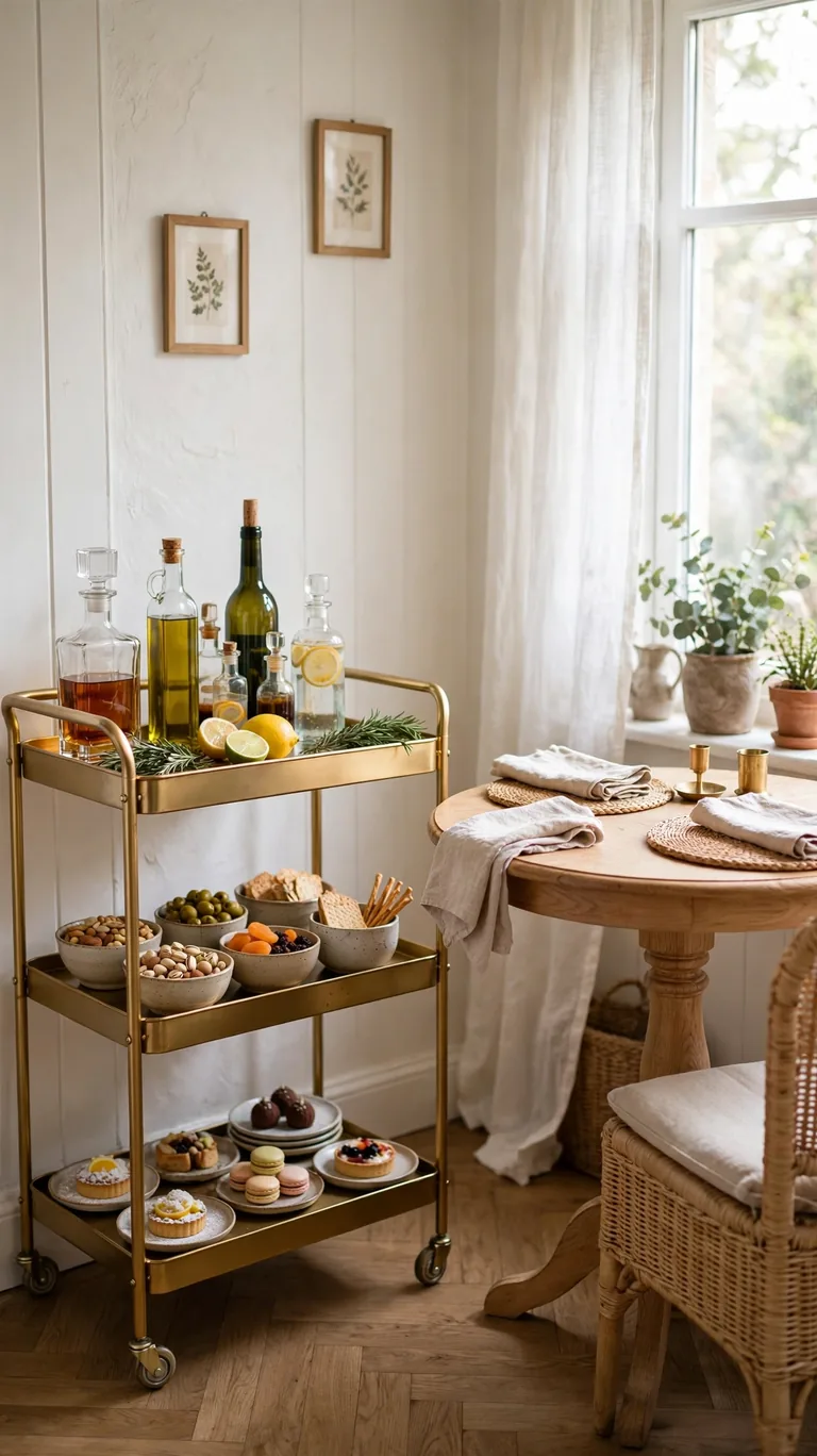 Three tier rolling bar cart styled as a mobile buffet with drinks and desserts in a small dining room