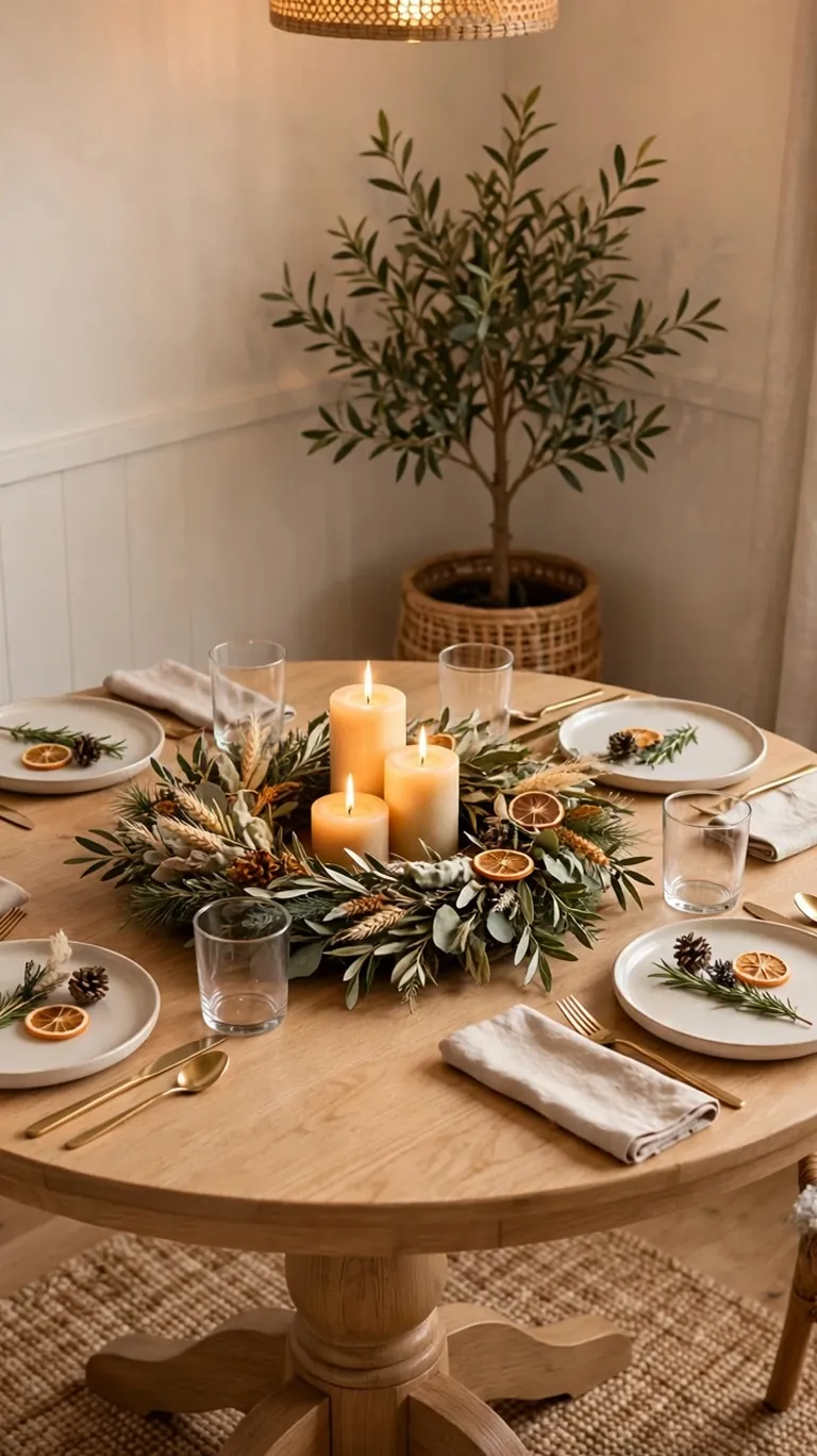 Small round pedestal table with wreath centerpiece for Thanksgiving