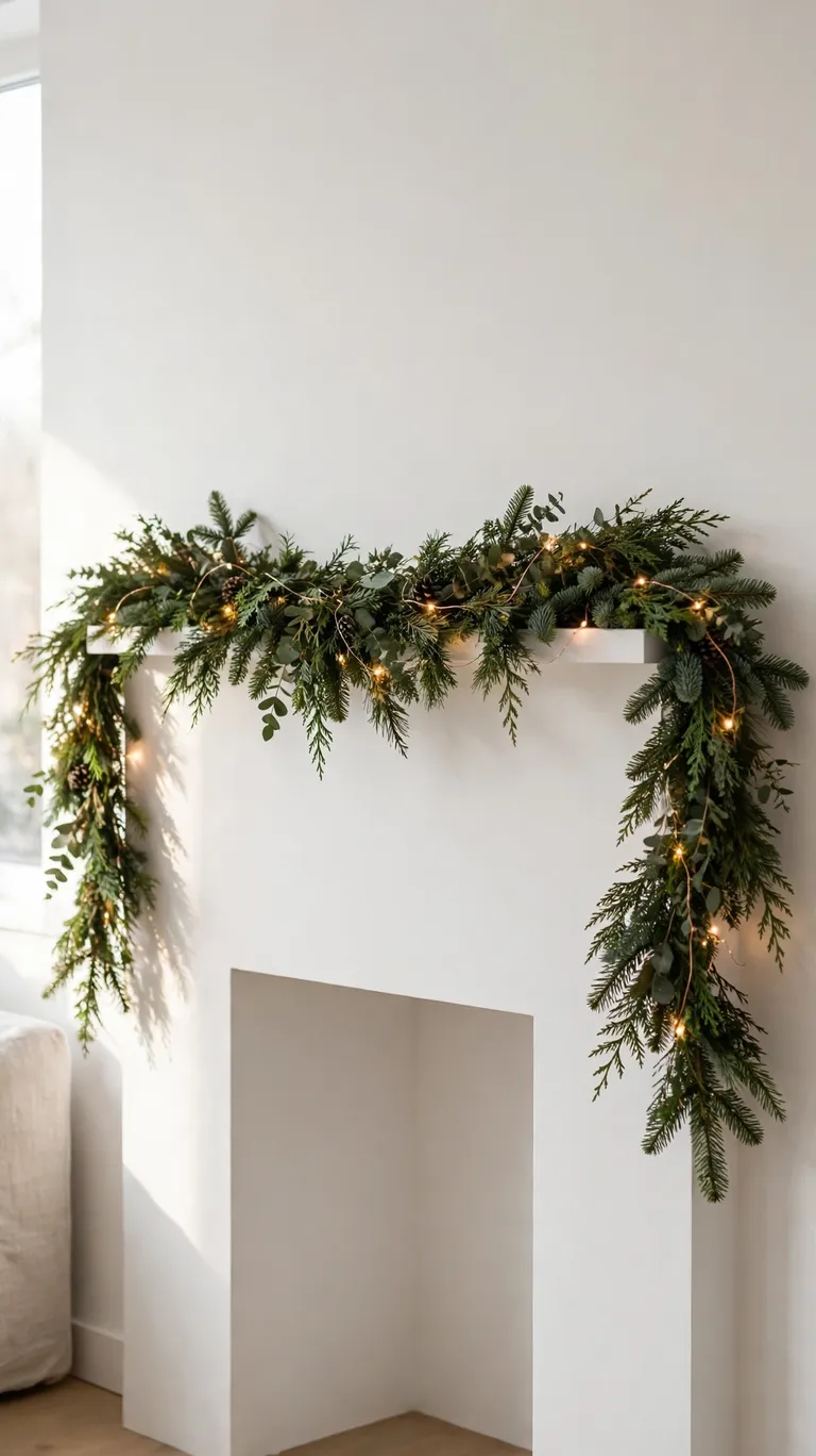 A single fresh evergreen garland draped across a simple white fireplace mantel.