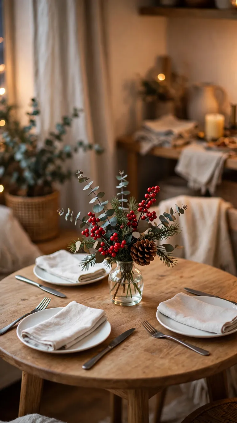 20 Beautiful Christmas Table Settings for Small Dining Spaces 3 Single small vase with red berries and pine sprigs as a mini winter bouquet on a compact table