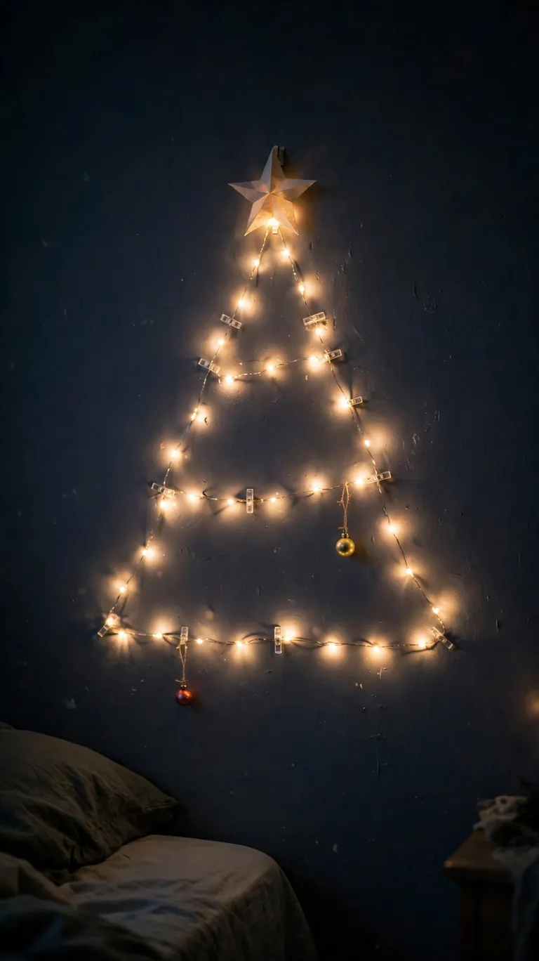 Glowing string light Christmas tree outline on a bedroom wall with a paper star on top