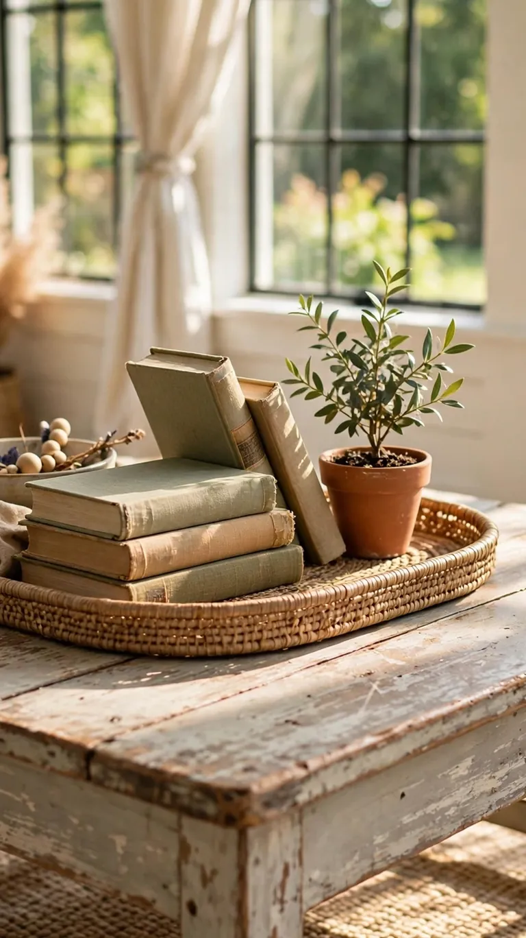 Weathered wood coffee table with a distressed finish styled with a tray, books, and a small potted plant in a bright sunroom.