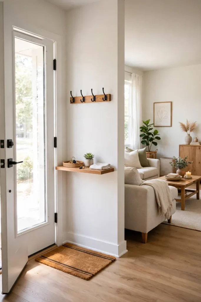Full entryway view with a landing zone of hooks, a shelf, a key tray, and a shoe mat by the front door