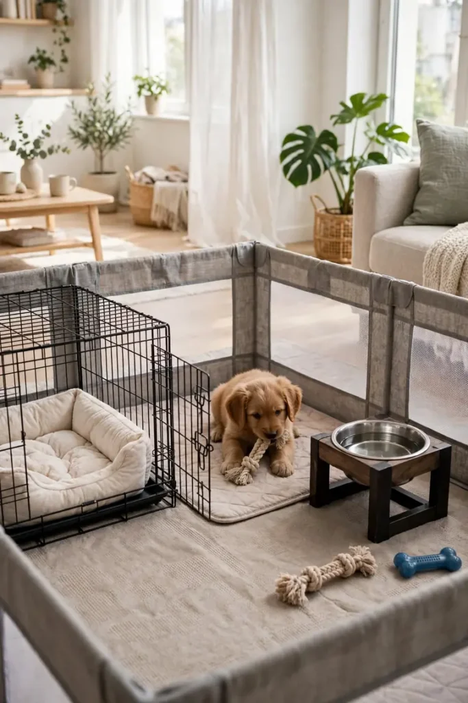 Puppy corner with a low pen, an open crate, and a washable floor layer