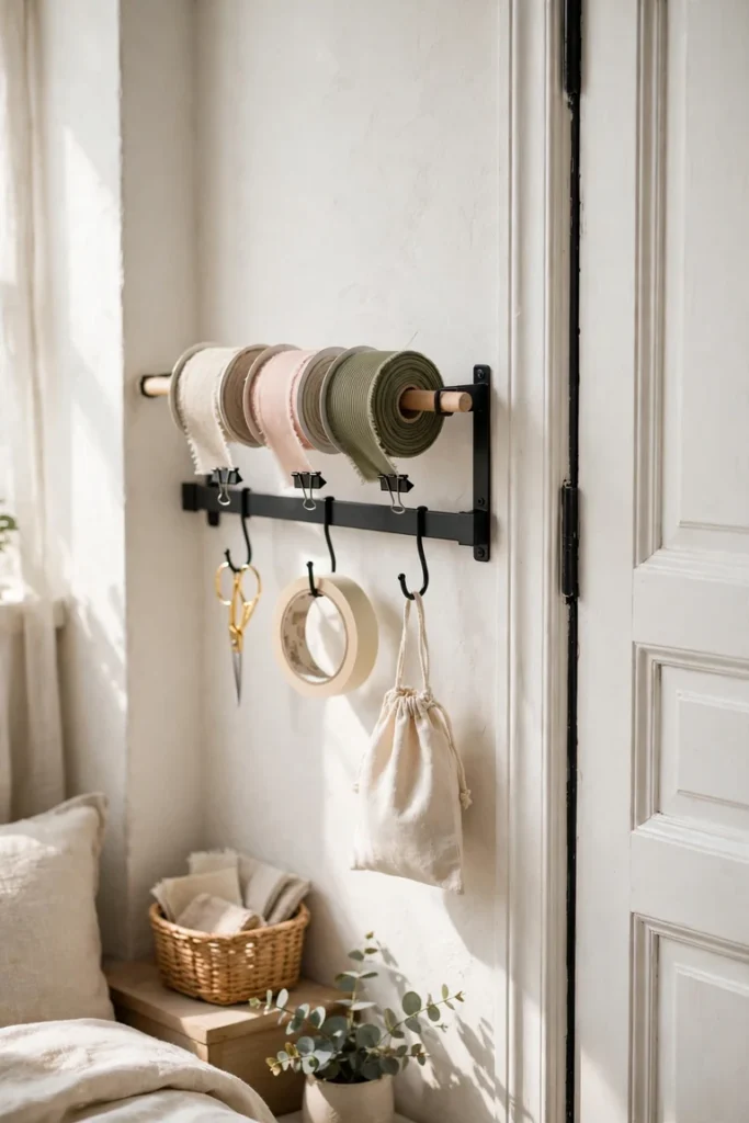 Wall rail gift wrapping station with ribbon spools on a dowel and tools on hooks