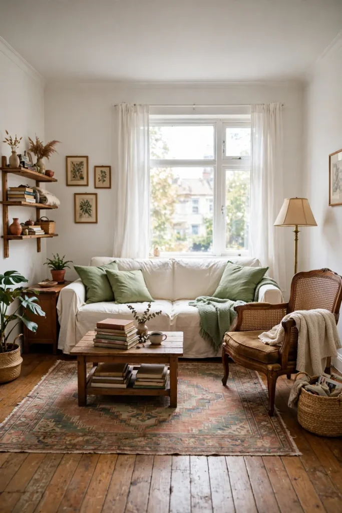 Full collected living room view with a covered secondhand sofa and a thrifted chair with a throw