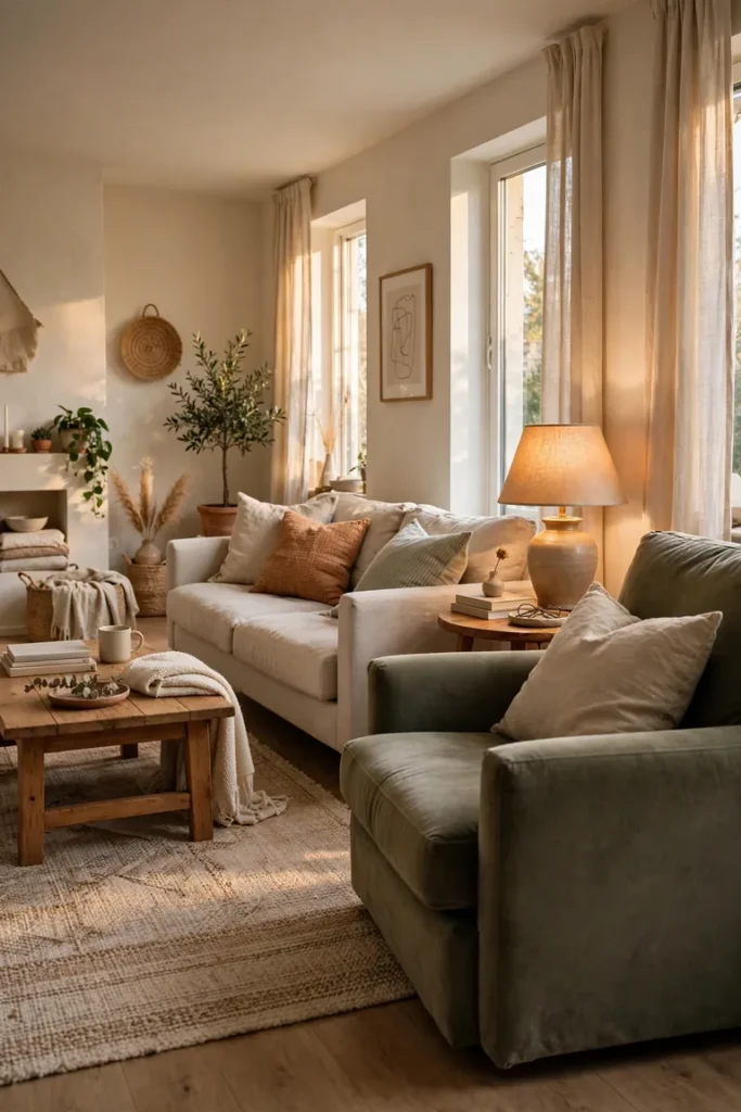 Full living room view with a deep comfortable armchair and side table forming a reading spot