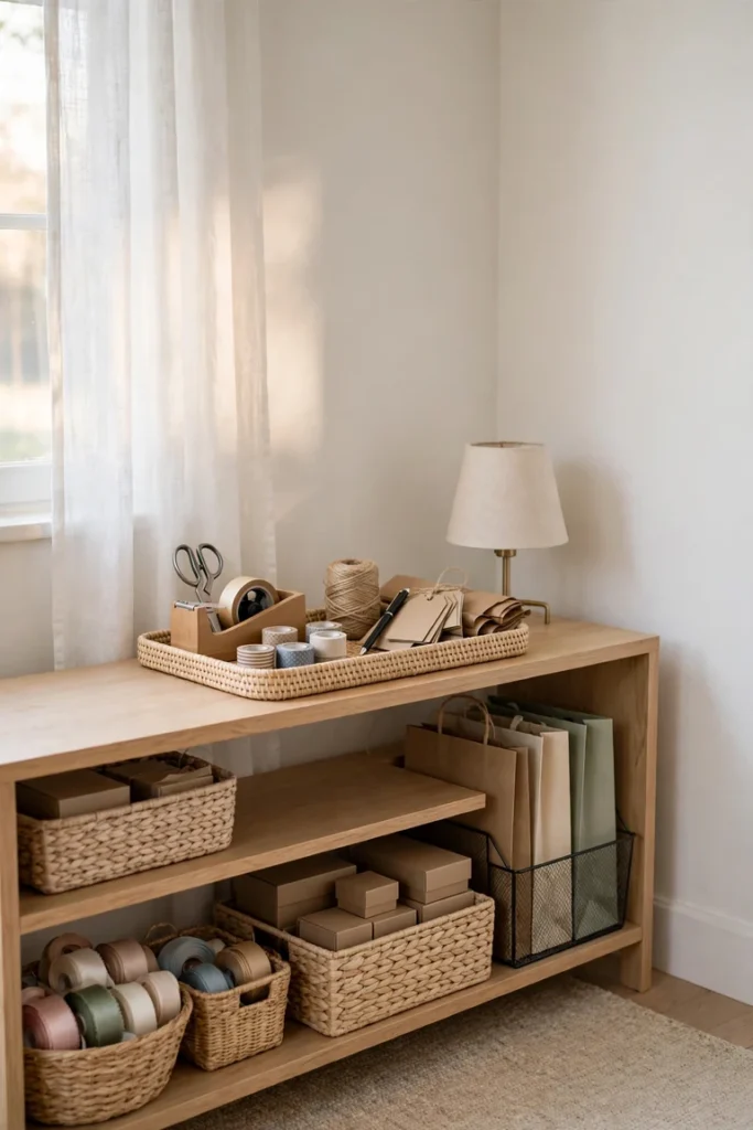 Low media console gift wrapping station with open shelves of boxes, bags, and ribbon baskets
