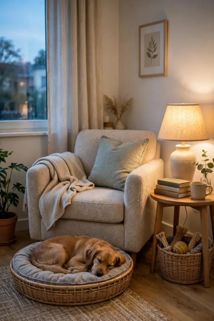 Shared reading corner with an armchair and a round dog bed at its base