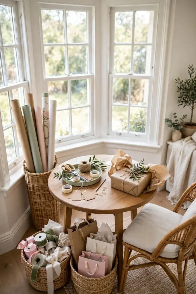 Small round table gift wrapping station in a window bay with woven baskets underneath