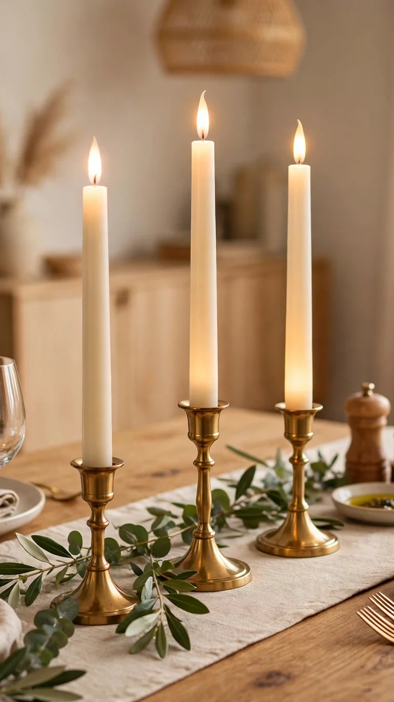 Tall flameless taper candles with realistic flicker in brass candlesticks on a set dining table