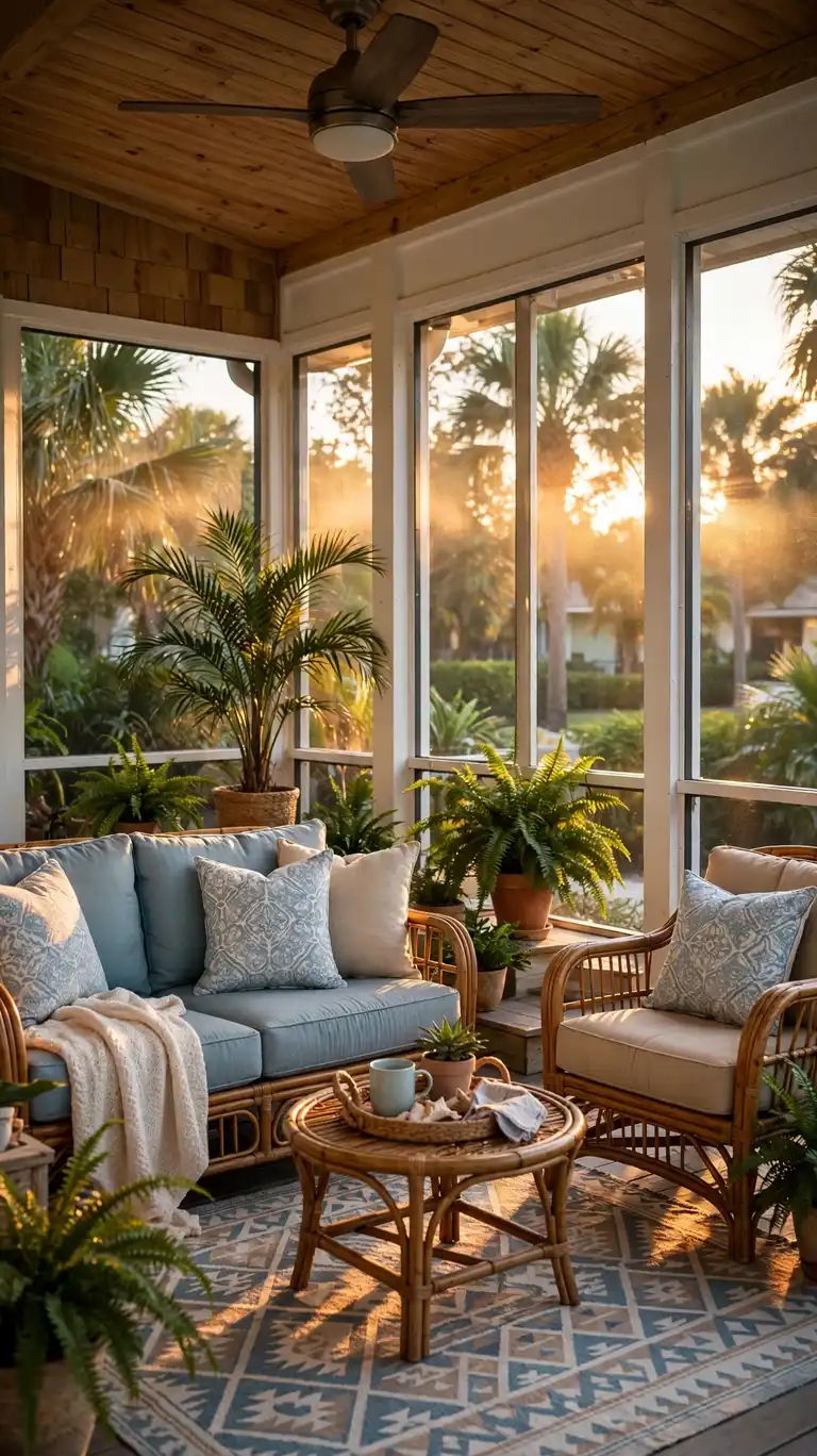 A dressed Florida bungalow screened porch with cushioned seating, an outdoor rug, and potted tropical plants.