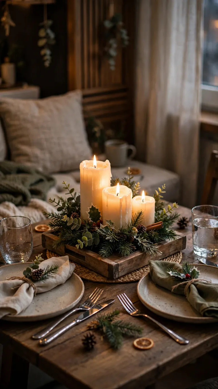 20 Beautiful Christmas Table Settings for Small Dining Spaces 4 Cluster of candles of different heights on a wooden tray as a small table centerpiece