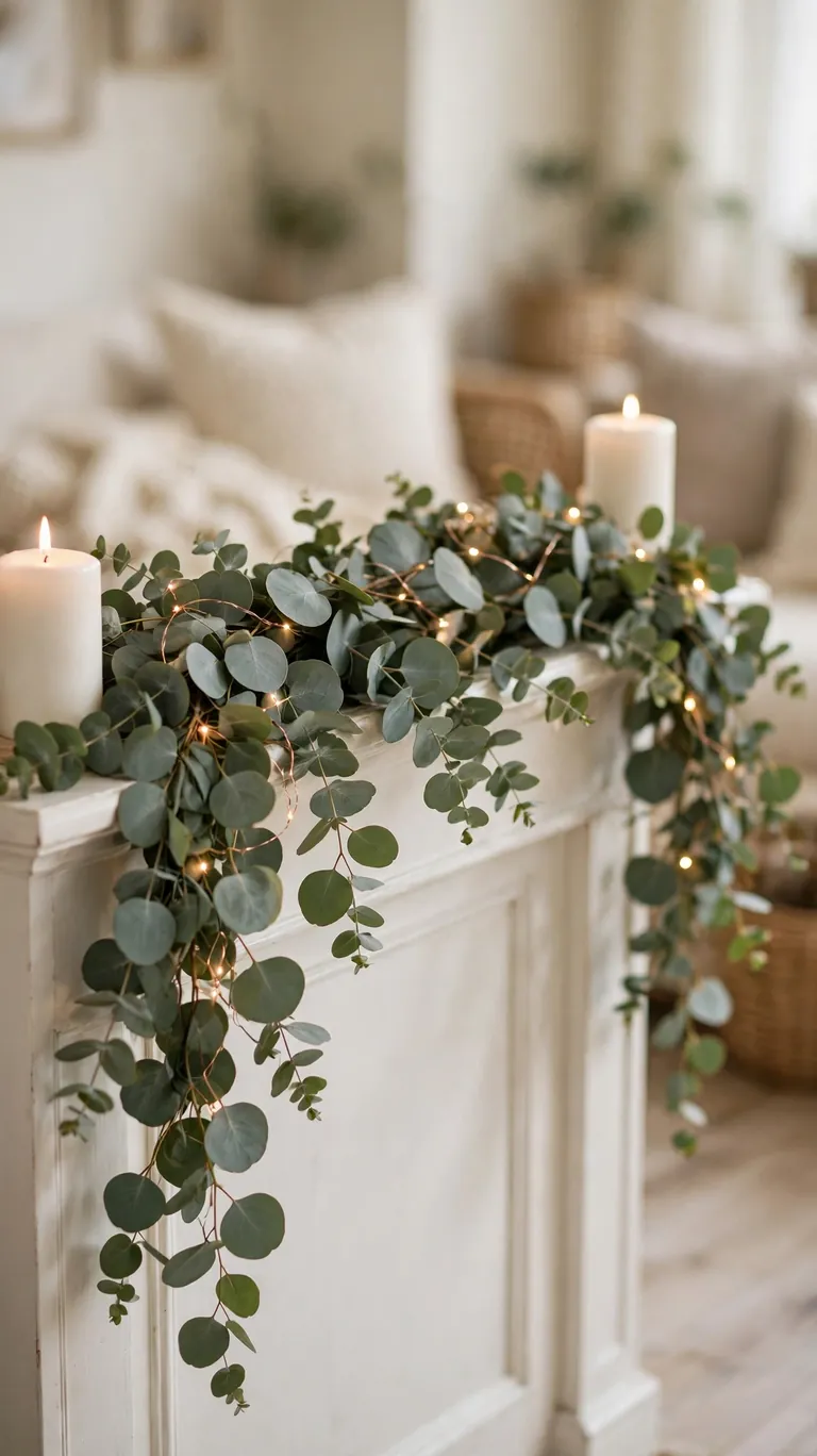 15 Neutral Christmas Decor Ideas for a Calm, Minimalist Home 4 Fresh eucalyptus garland draped across a white mantel with ivory candles