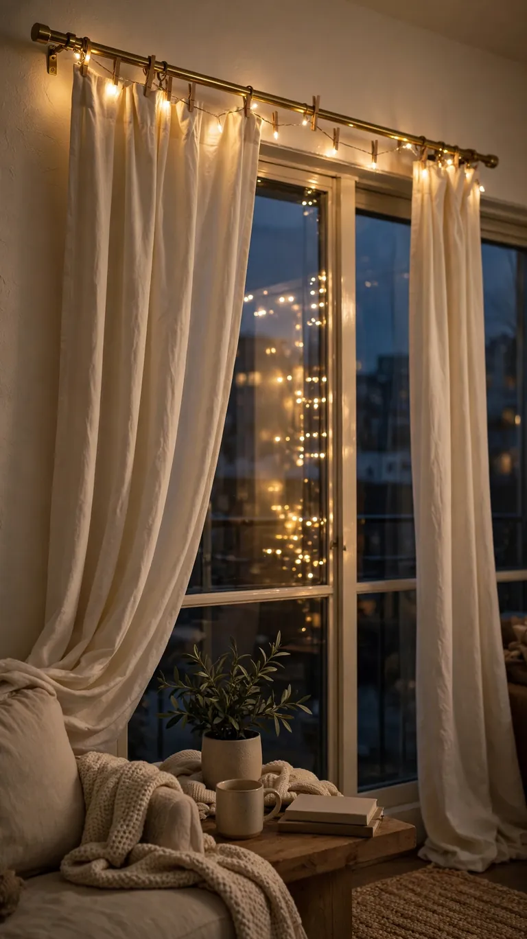 Warm fairy lights clipped along a curtain rod in a living room