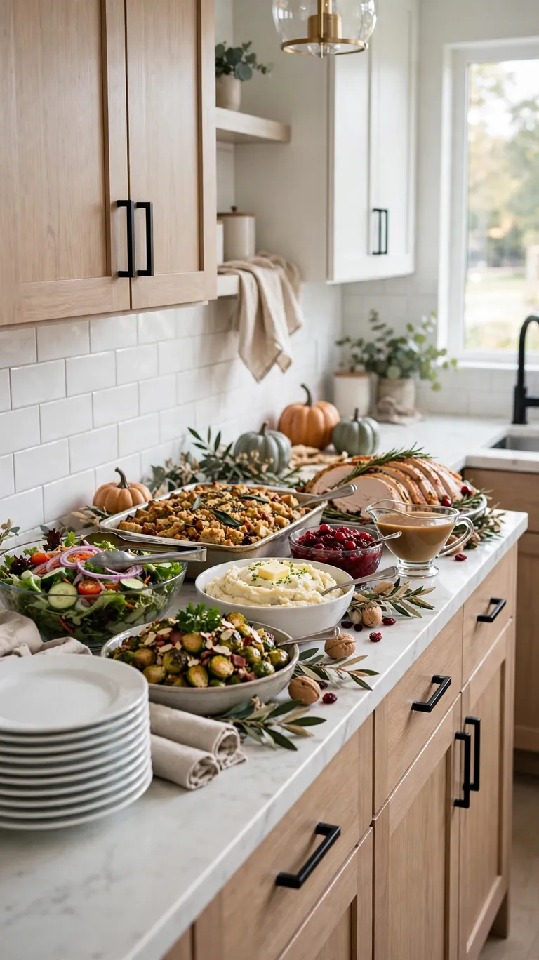 Small kitchen counter arranged as a Thanksgiving buffet serving line