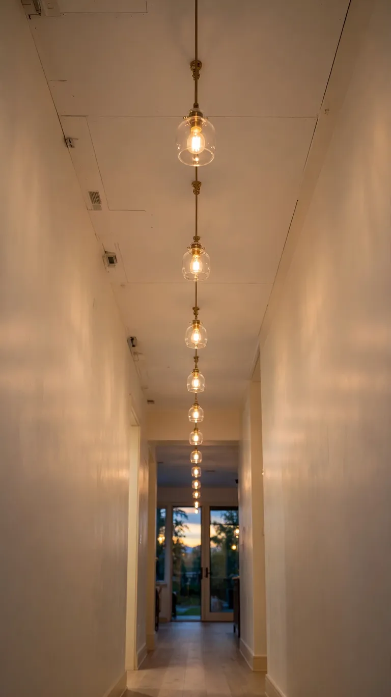 A row of small glass pendant lights hanging down the center of a hallway ceiling.