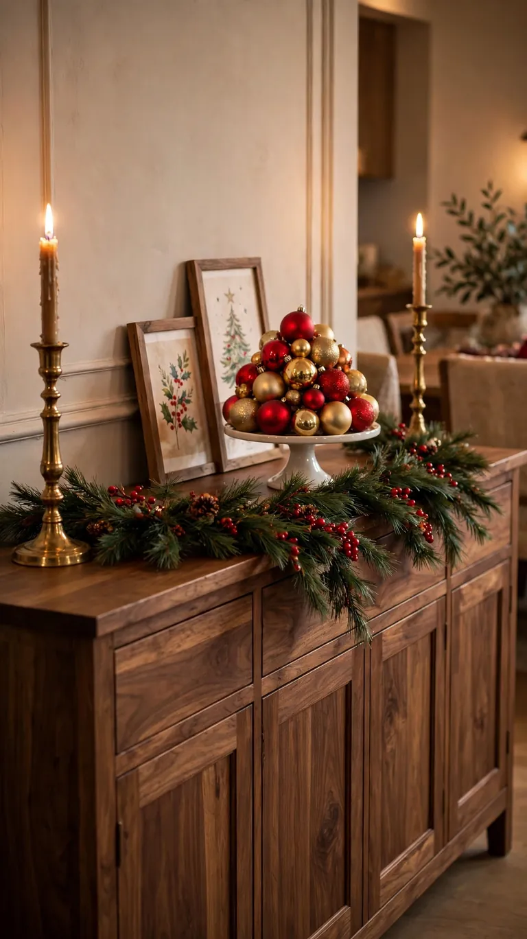 24 Festive Christmas Mantel Alternatives for Homes Without a Fireplace 4 A long dining room sideboard styled like a holiday mantel with a center garland, tall candlesticks, and ornaments