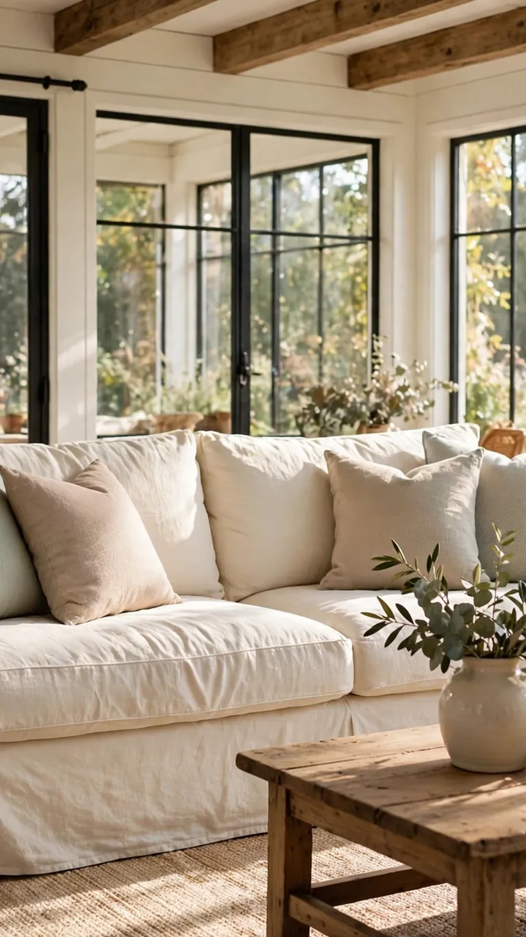 Cream slipcovered linen sofa with plump cushions and muted throw pillows in a sun-filled farmhouse sunroom.