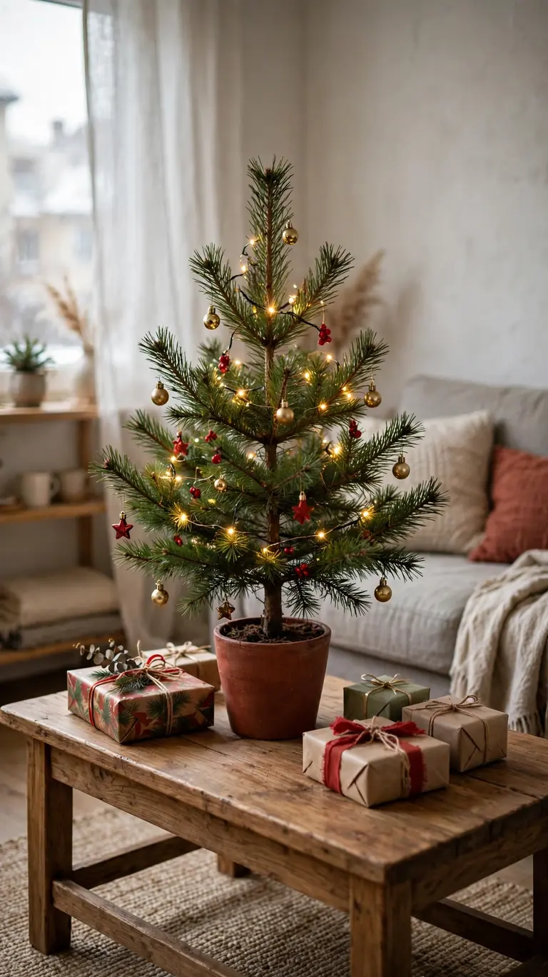 Small potted pine Christmas tree on a wooden coffee table with miniature ornaments