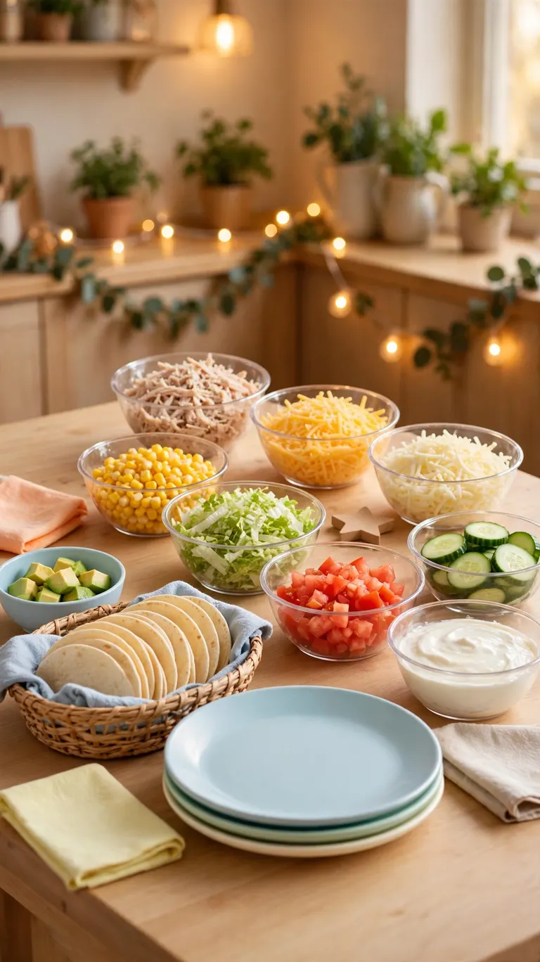 Build-your-own taco bar with small tortillas and kid-safe toppings