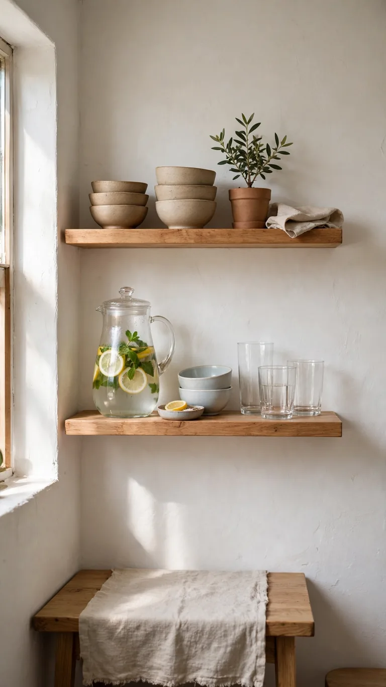 Wall mounted floating shelves styled as a vertical buffet with glasses, bowls and a water pitcher