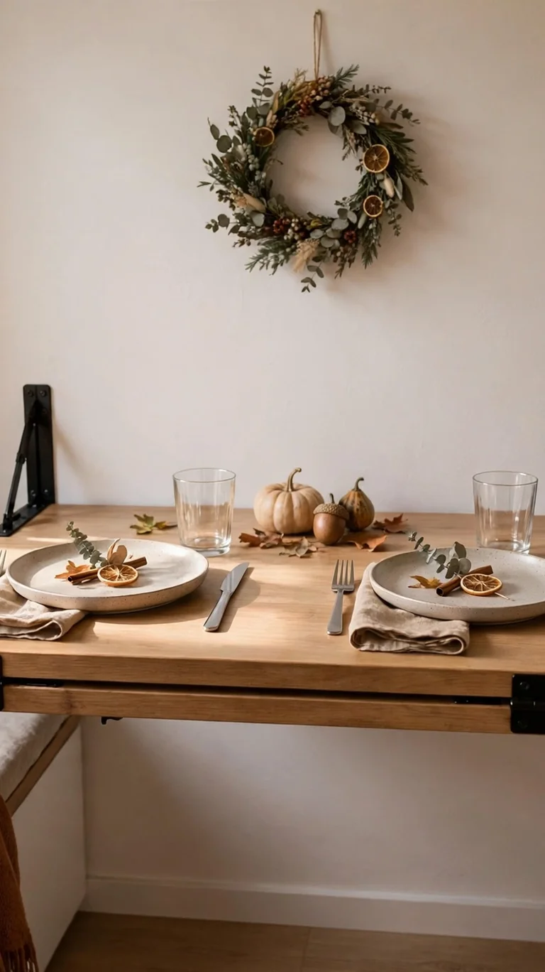 Wall mounted fold down table set for Thanksgiving in a tiny nook