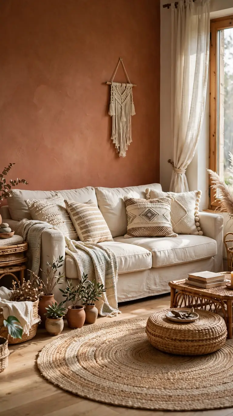 Boho living room with a warm terracotta accent wall behind a neutral sofa.