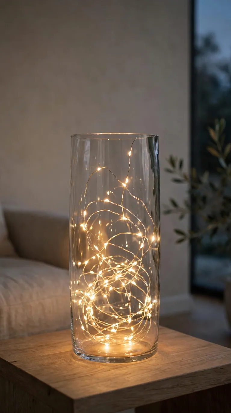 Warm white fairy lights glowing softly inside a clear glass vase on a side table.