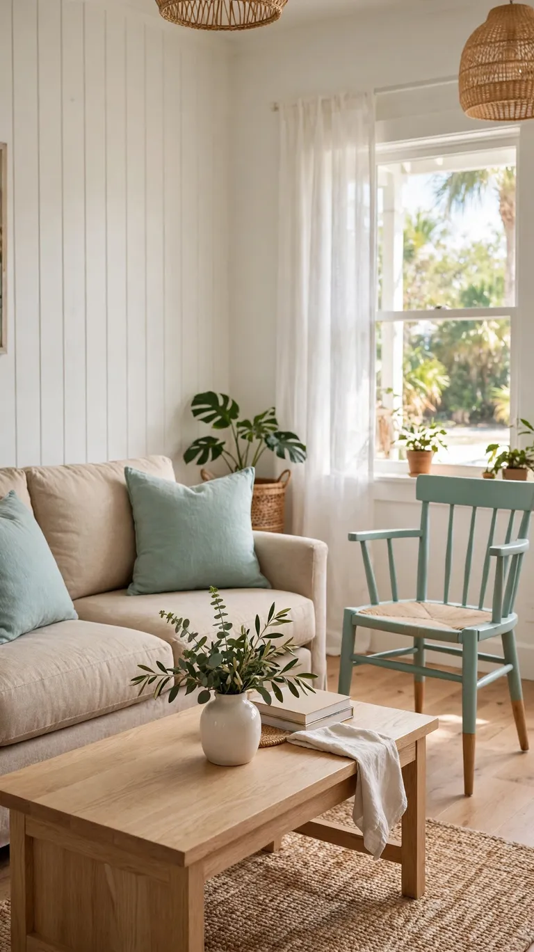 A calm bungalow living room in warm white, sand, and soft seafoam accents on pillows and a painted chair.