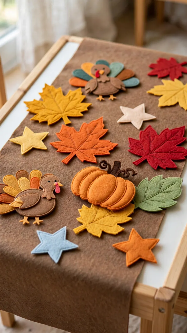 Felt table runner with movable felt leaf and turkey cutouts