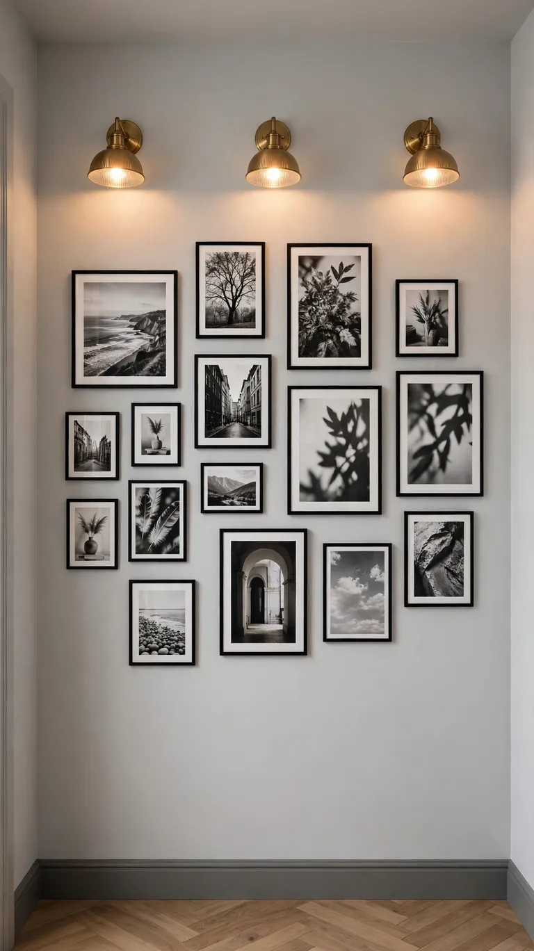 A gallery wall of mixed framed photos and prints along one hallway wall.