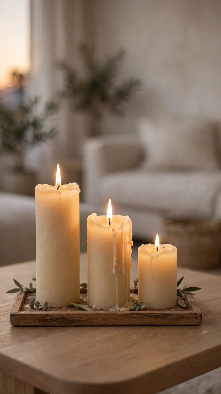 A group of pillar candles of different heights on a tray on a coffee table.