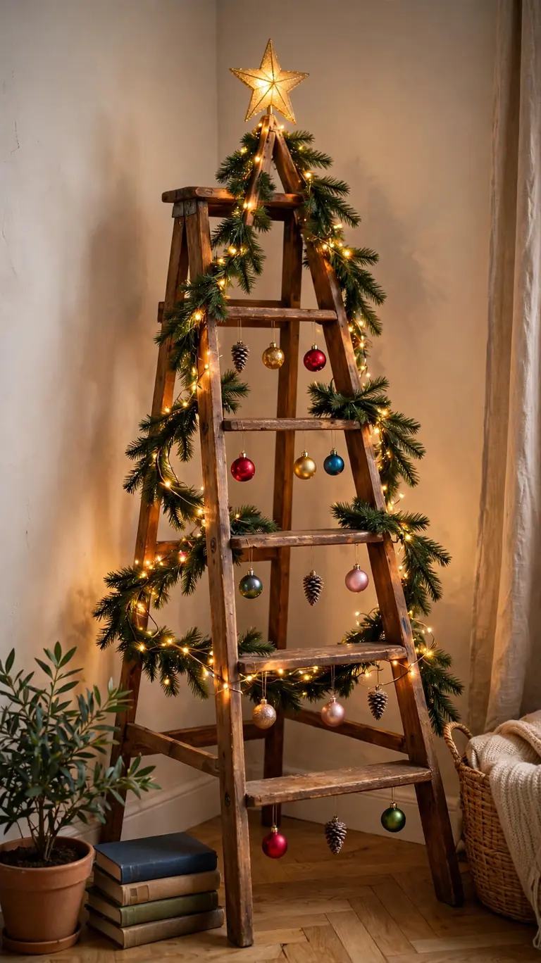Wooden step ladder decorated as a Christmas tree with garland and small ornaments