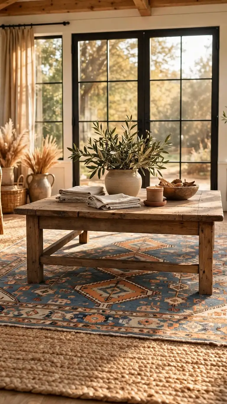 Layered rugs in a sunroom with a large natural jute rug under a smaller patterned rug beneath a coffee table.