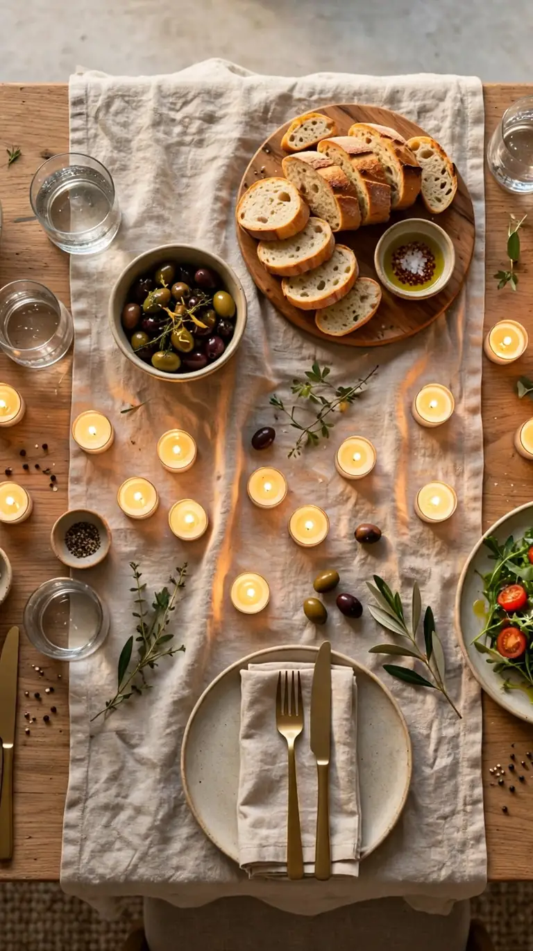 Small glowing LED tea lights scattered along a linen table runner between dinner plates