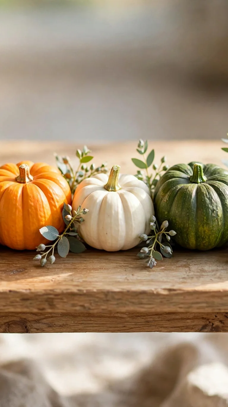 Row of mini pumpkins as a Thanksgiving centerpiece on a small table