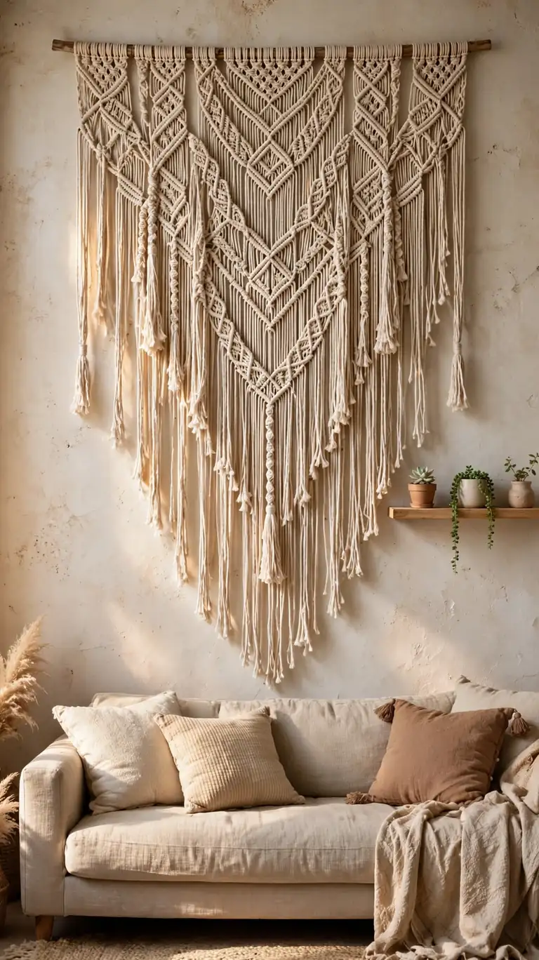 Large macrame wall hanging with long fringe above a boho sofa.