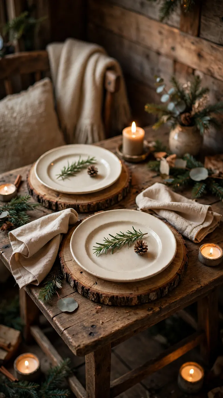 20 Beautiful Christmas Table Settings for Small Dining Spaces 5 Natural wood slice chargers under dinner plates with rosemary sprigs on a rustic Christmas table