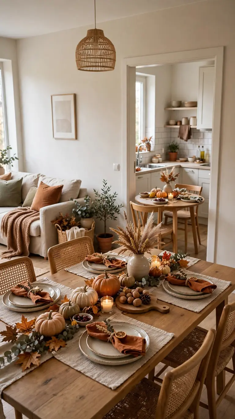 Thanksgiving seating split between a living room table and a smaller kitchen corner table