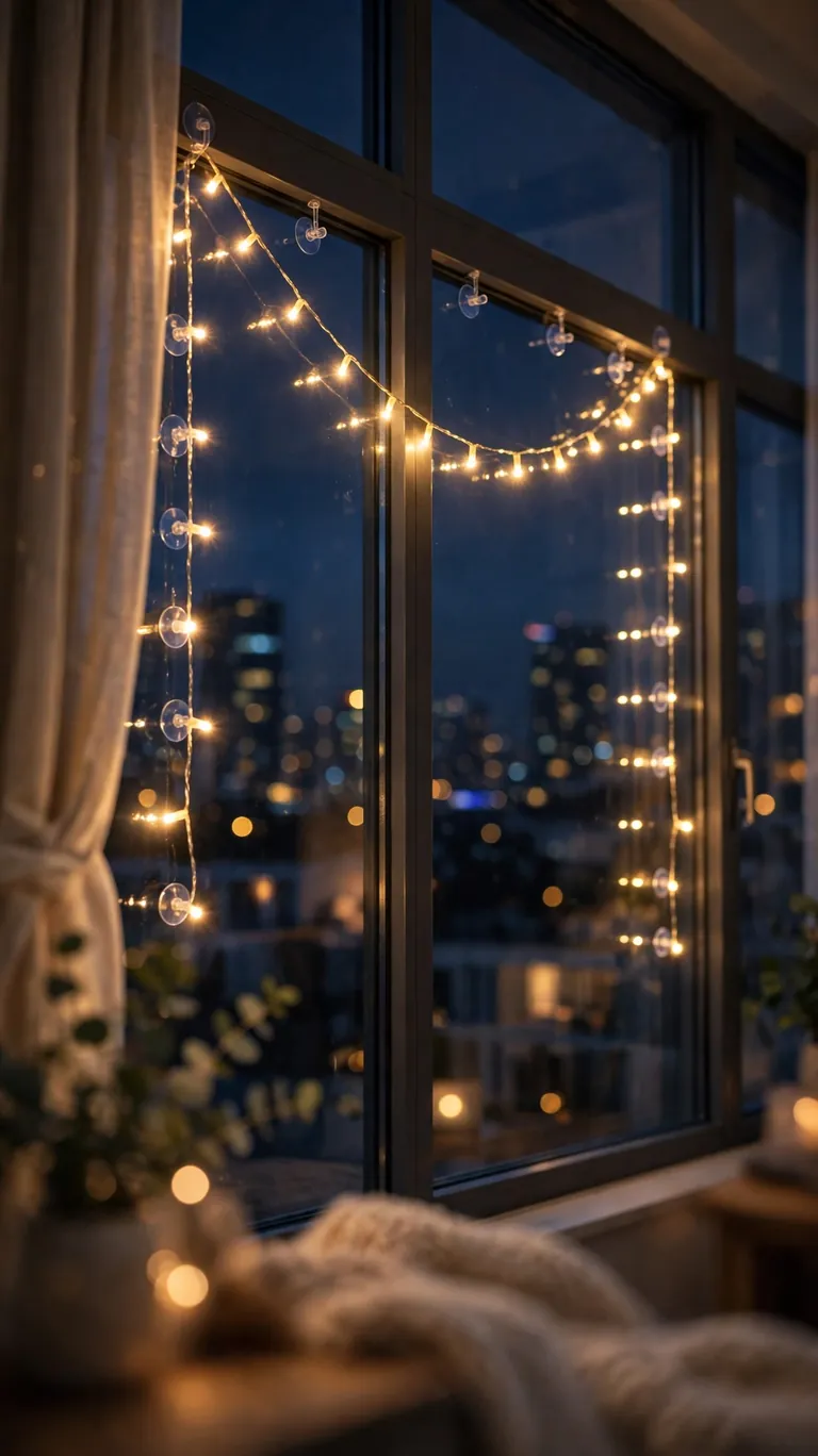 String lights hanging on a window with suction cup hooks