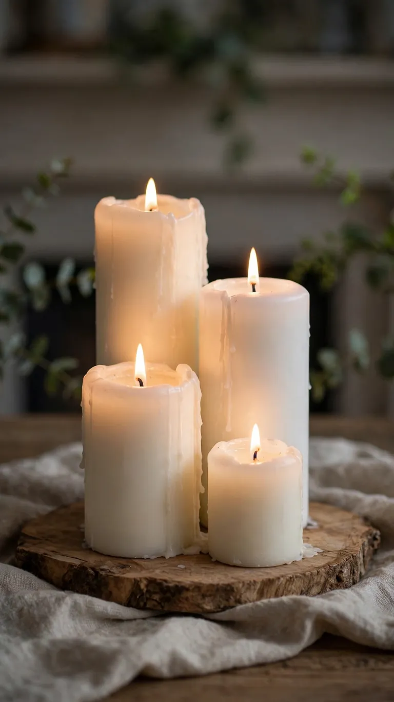 15 Neutral Christmas Decor Ideas for a Calm, Minimalist Home 5 Group of white pillar candles in mixed heights glowing on a wooden board