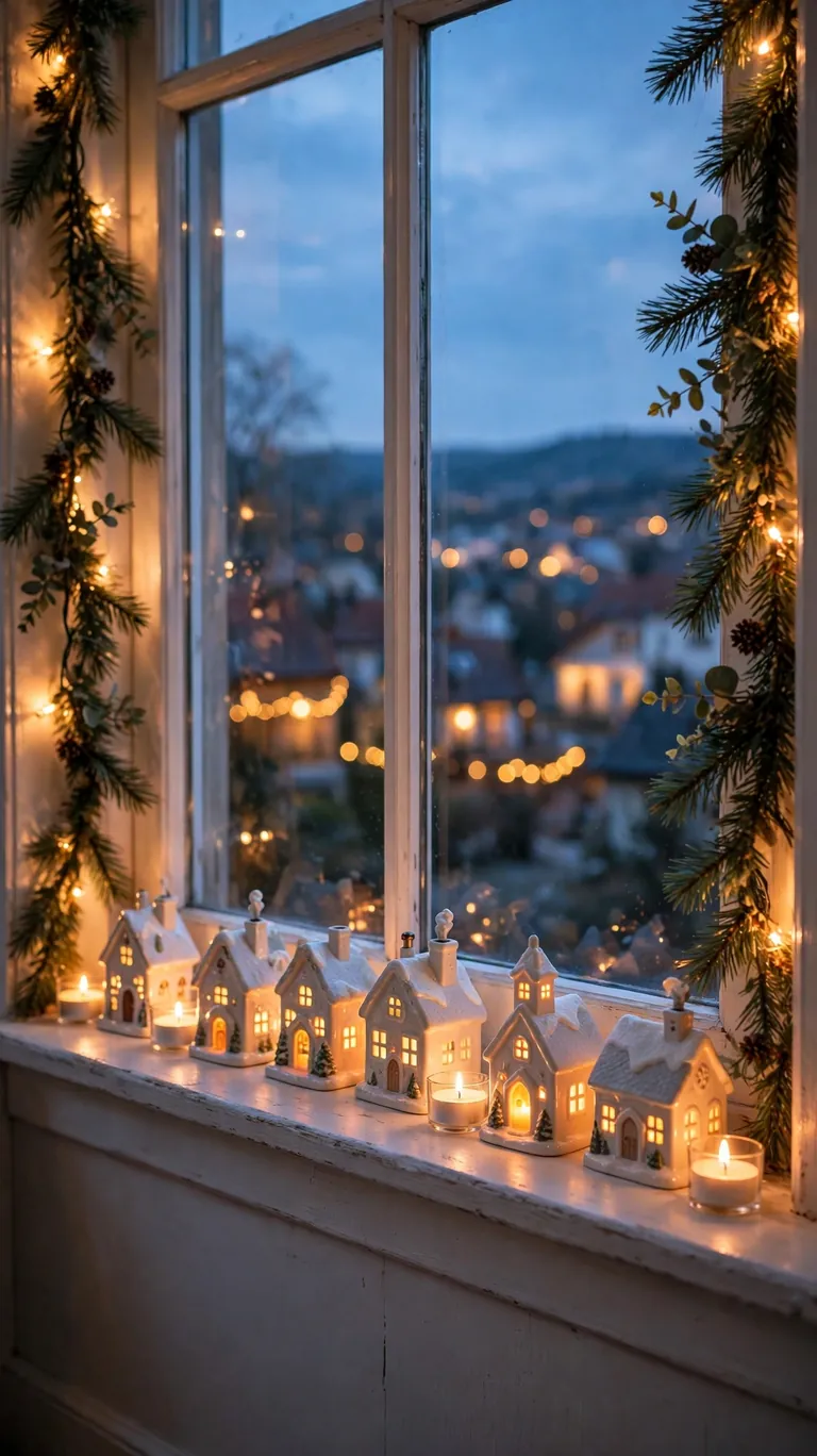 24 Festive Christmas Mantel Alternatives for Homes Without a Fireplace 5 A deep window ledge decorated with a glowing Christmas village, battery candles, and a light garland on the frame