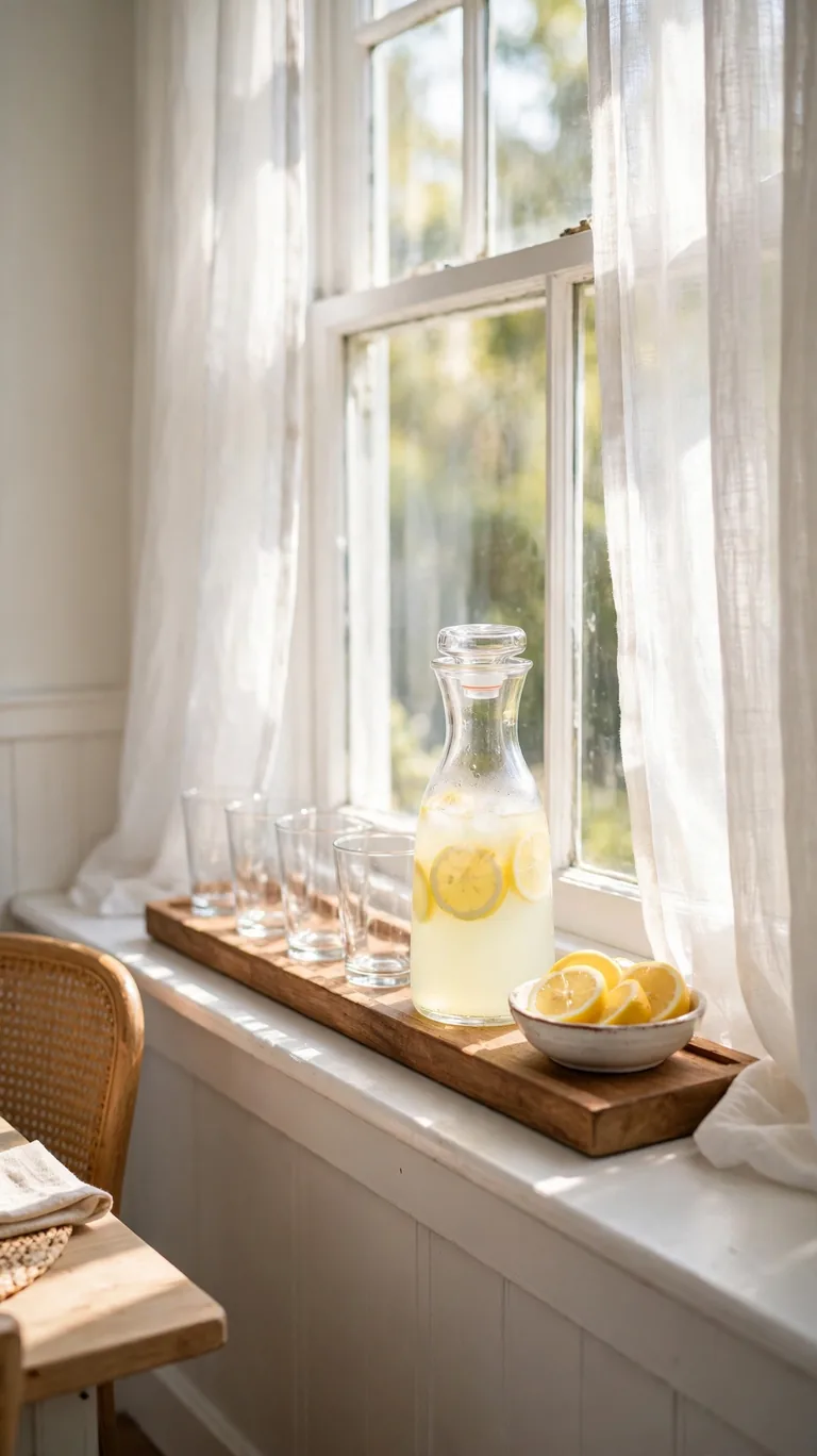 Deep windowsill styled as a self serve drink station with a tray of glasses and a lemonade carafe