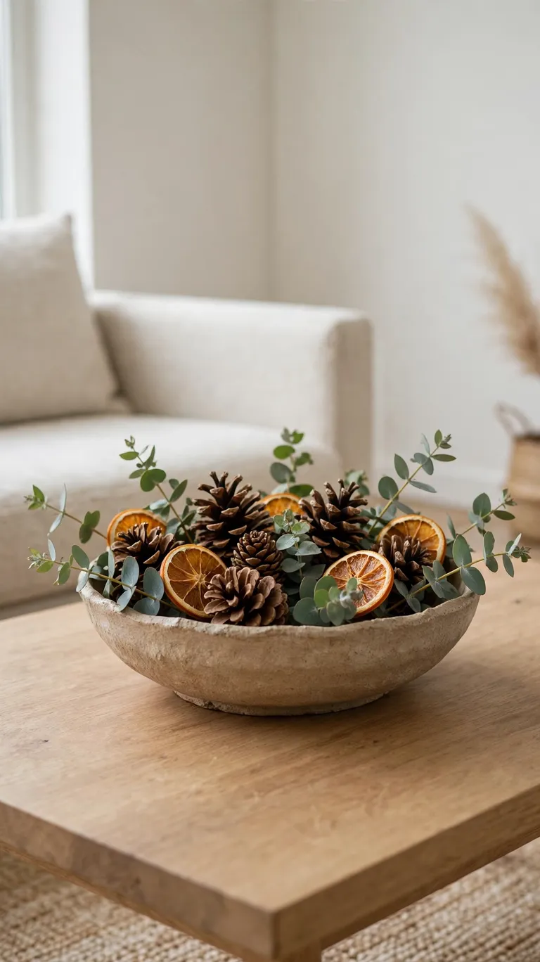 A low ceramic bowl filled with pinecones, eucalyptus sprigs, and dried orange slices.