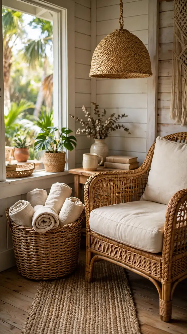A bungalow reading corner with a rattan armchair, wicker basket of throws, and a seagrass lampshade.