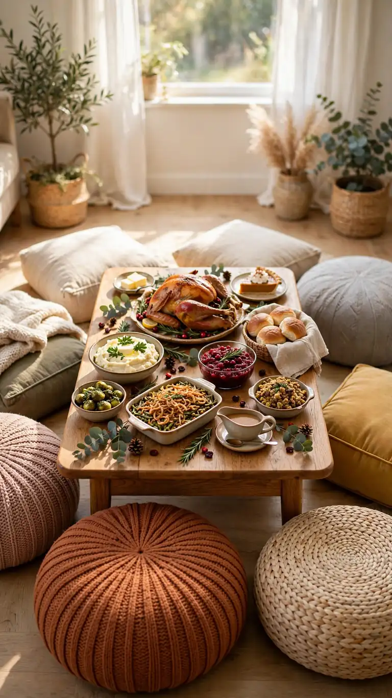 Low coffee table surrounded by floor cushions set for a relaxed Thanksgiving dinner