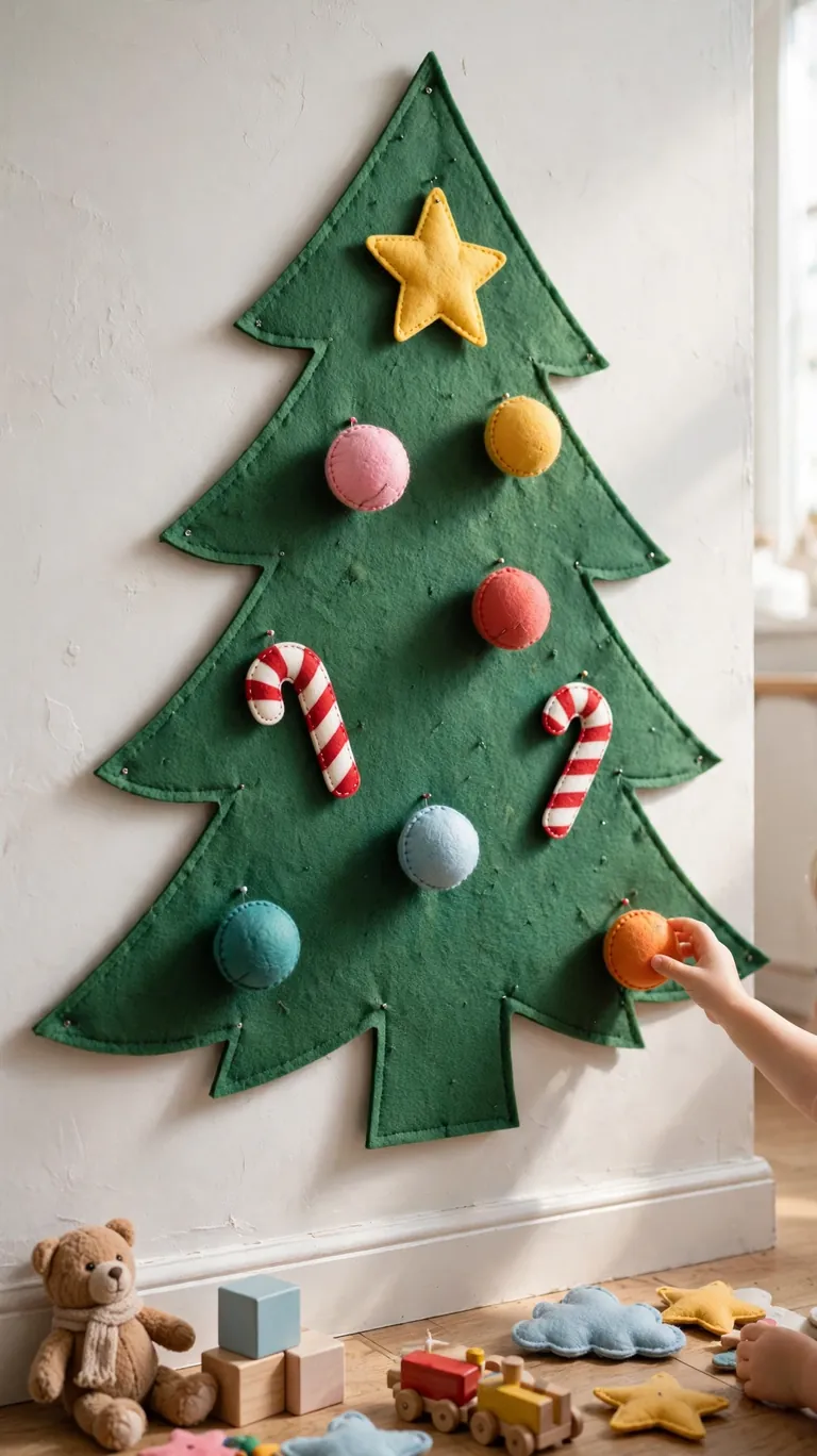 Green felt Christmas tree on a wall with colorful felt ornaments placed by children