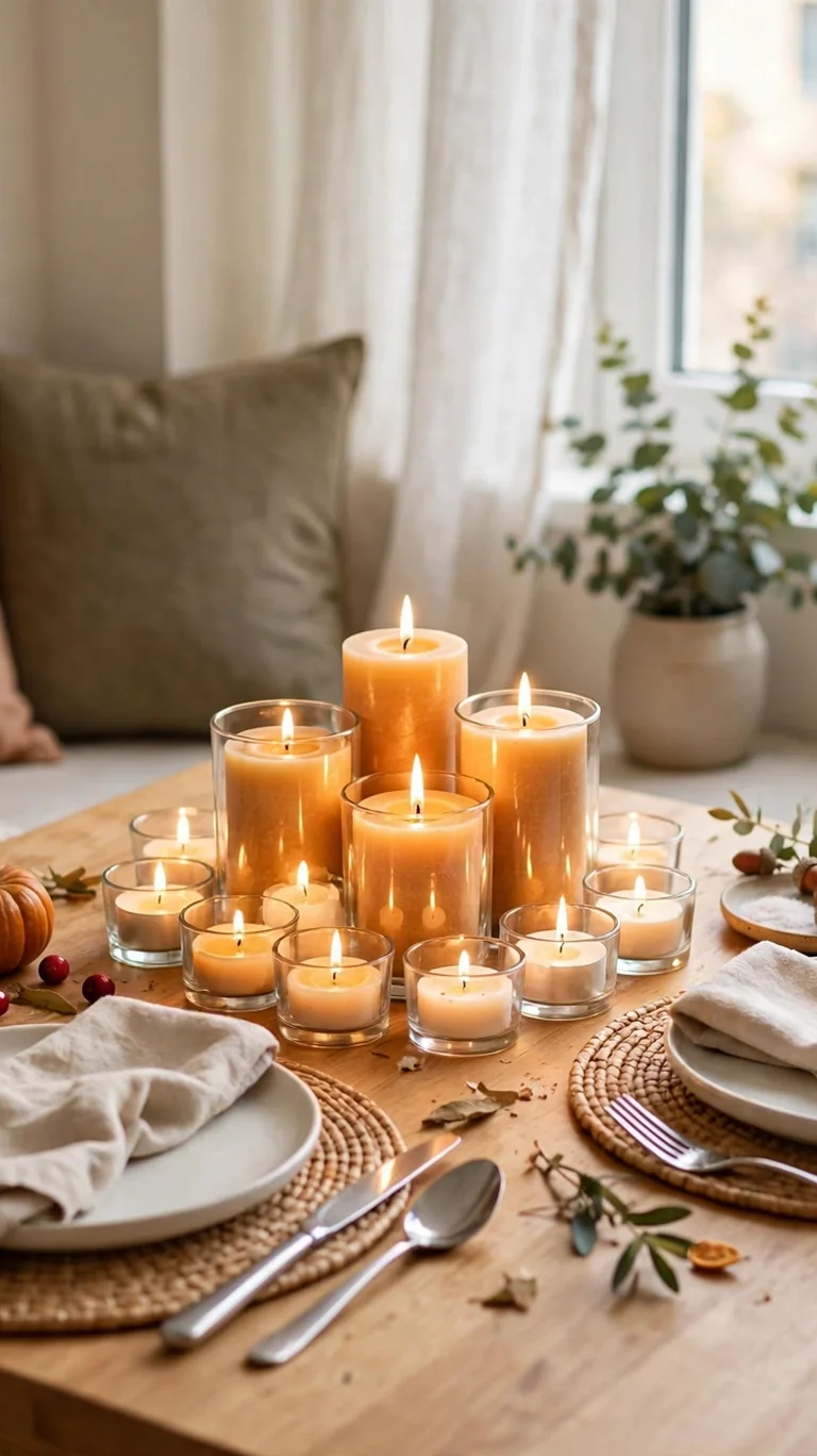 Low cluster of candles as a centerpiece on a small Thanksgiving table